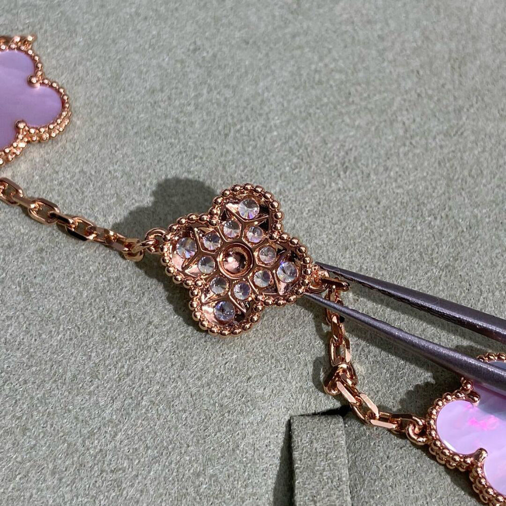 VCA CLOVER 10 MOTIFS DIAMOND PINK MOP NECKLACE