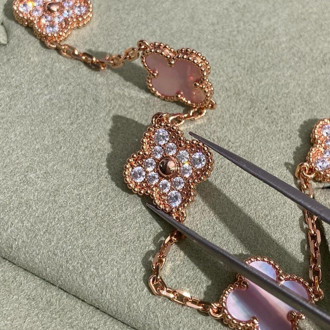 VCA CLOVER 10 MOTIFS DIAMOND PINK MOP NECKLACE