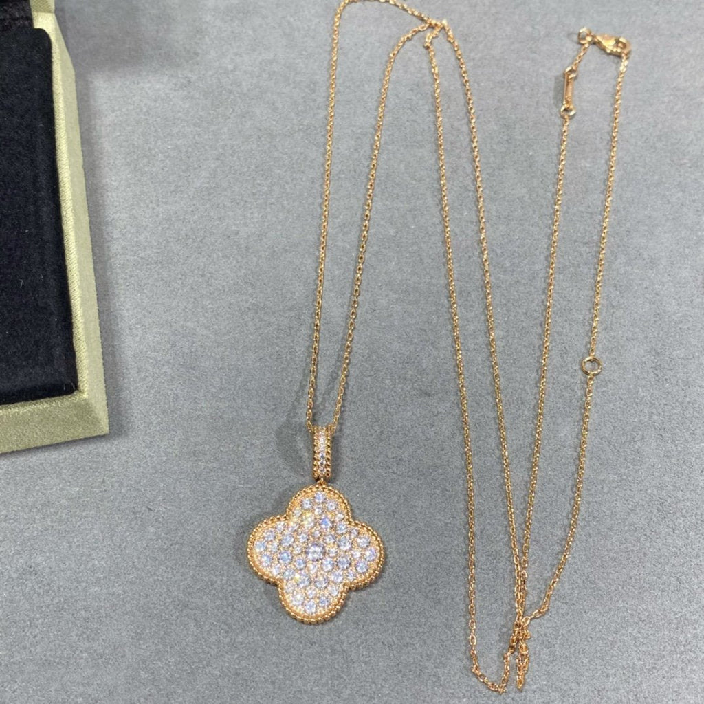 VCA CLOVER 25MM LARGE PEDANT DIAMOND PAVED LONG NECKLACE
