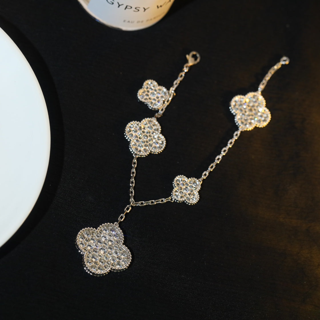 VCA CLOVER BRACELET 5 MOTIF SILVER DIAMOND PAVED