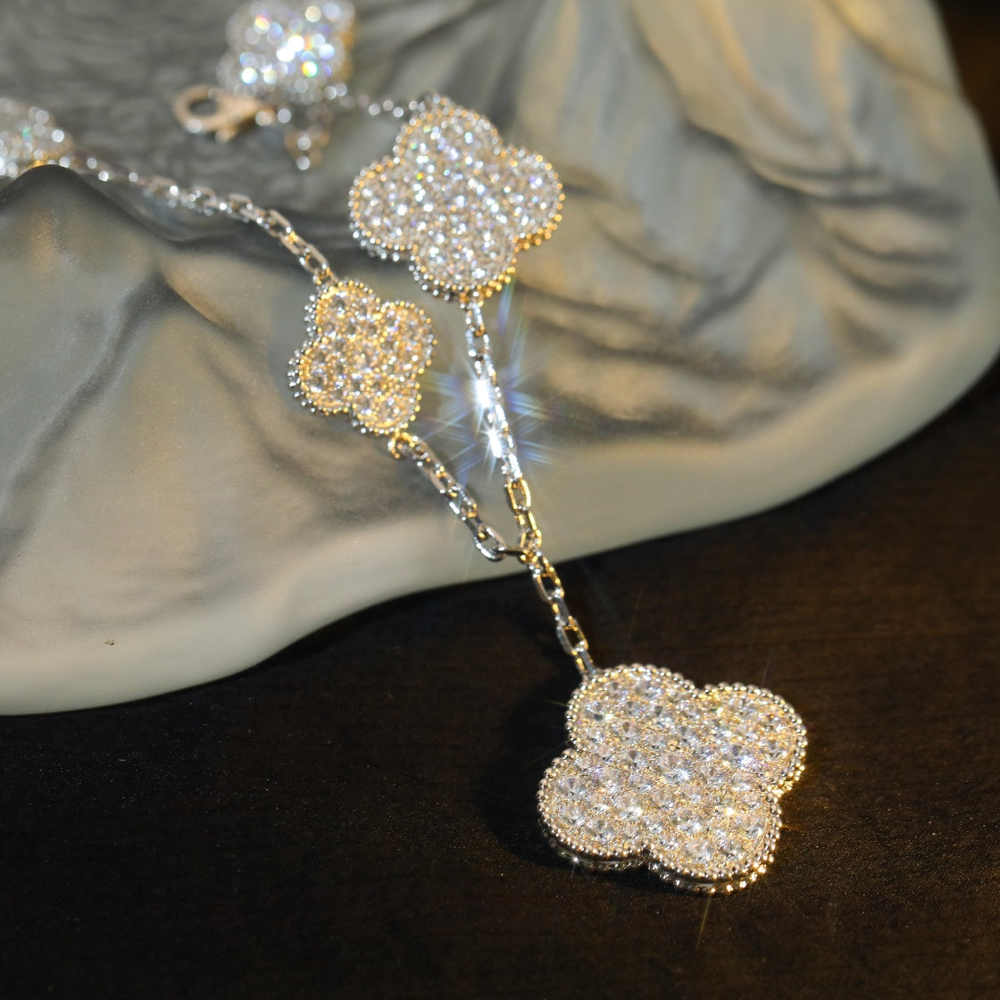 VCA CLOVER BRACELET 5 MOTIF SILVER DIAMOND PAVED