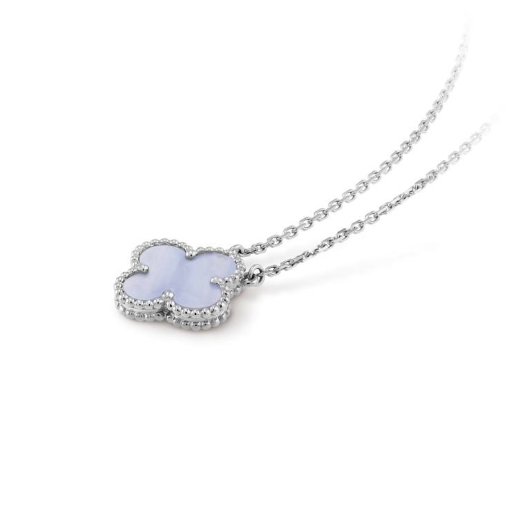 VCA CLOVER 15MM BLUE CHALCEDONY NECKLACE SILVER