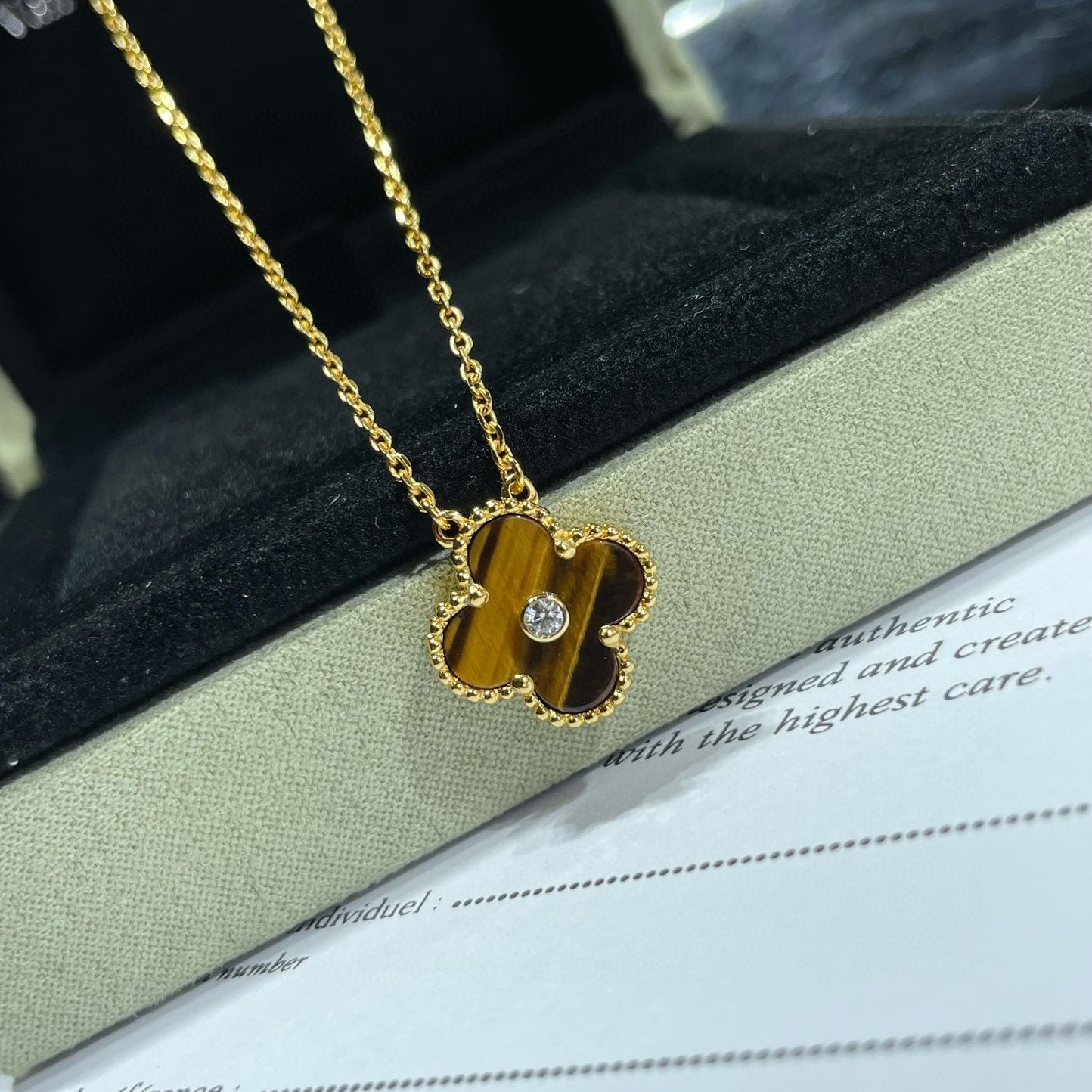 VCA CLOVER 15MM DIAMOND AND YELLOW TIGER'S EYE AGATE necklace