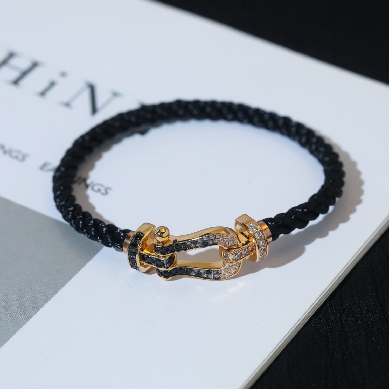 FRED FORCE LARGE HORSESHOE BLACK WHITE DIAMOND BRACELET ROSE GOLD