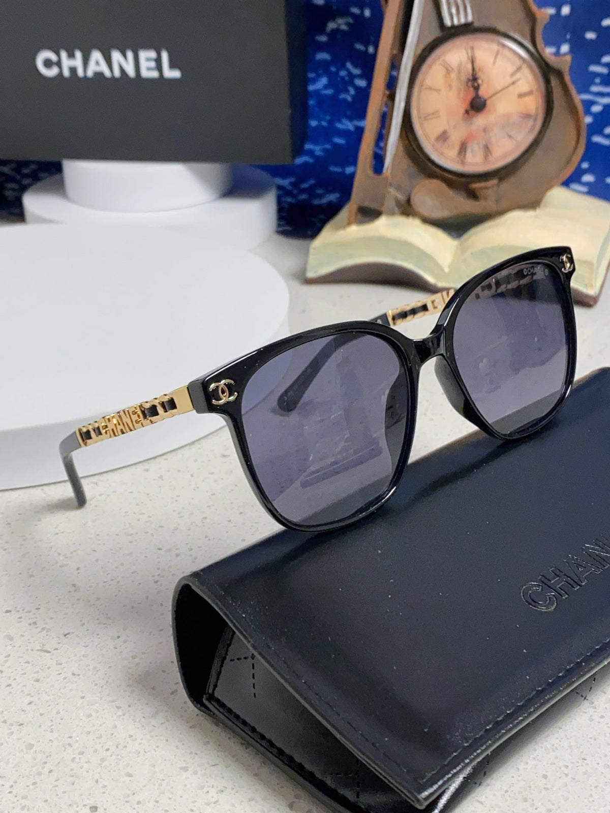 CHANEL SQUARE SUNGLASSES 632033 IN BLACK ACETATE BLACK LENSES