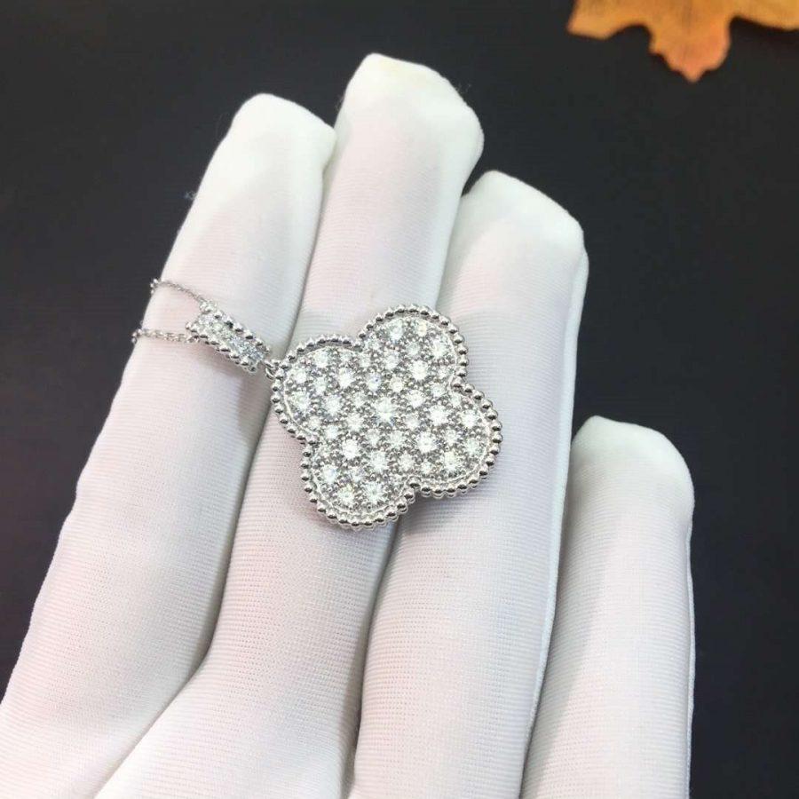VCA CLOVER 25MM SILVER FULL DIAMOND BIG CLOVER NECKLACE