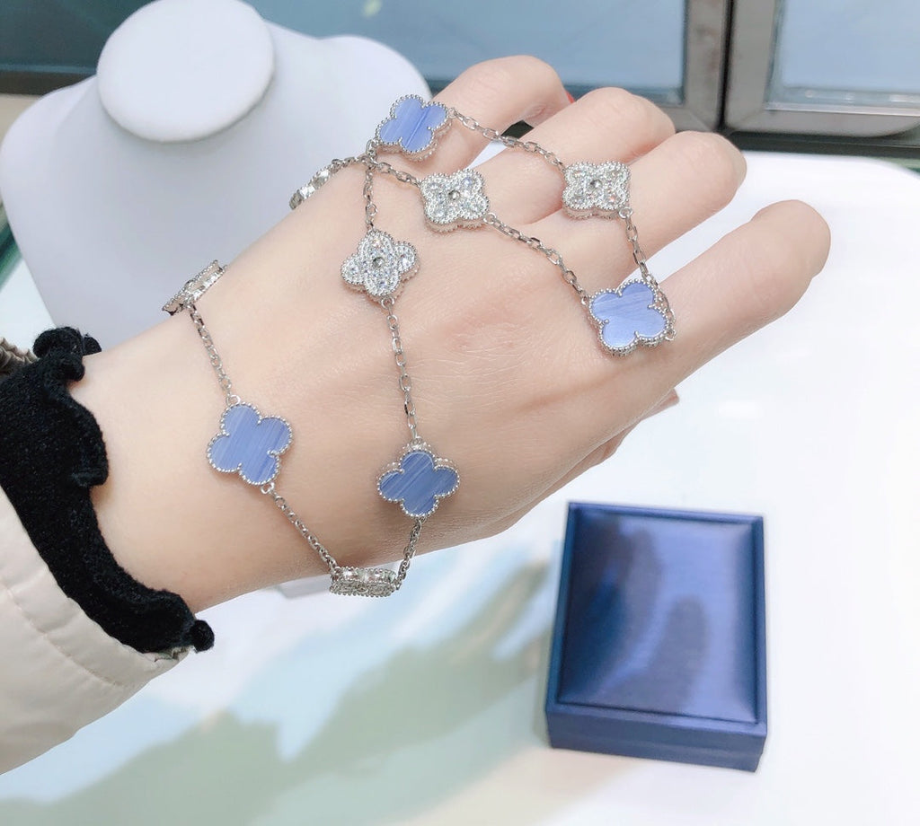 VCA CLOVER 10 MOTIFS CHALCEDONY DIAMONDS SILVER NECKLACE